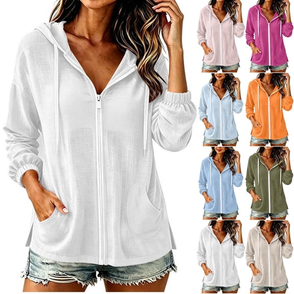 Rciityk Women's Lightweight Zip Up Hoodies Jacket Solid Color Summer Thin Drawstring Hooded Long Sleeve Casual Cardigan with Pockets