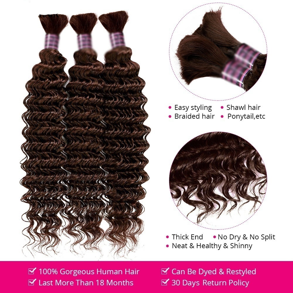 #4 Chocolate Brown Bulk Human Hair for Braiding, 100G/Bundle Deep Wave No Weft Hair Extensions