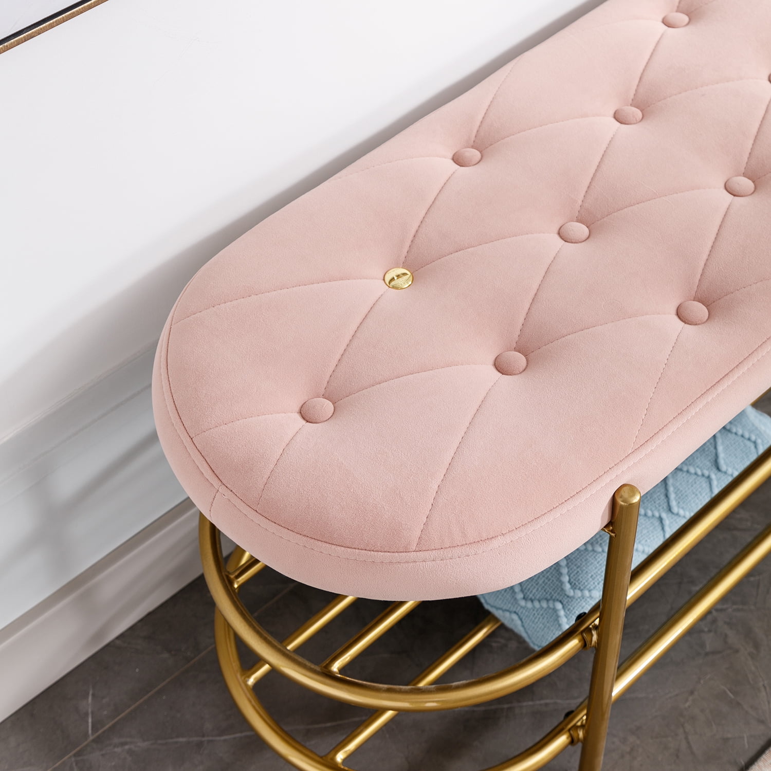 Kadyn Upholstered Velvet Beach, End of Bed Bench with 2 Shelf, Storage Beach for Living Room, Entrance, Pink