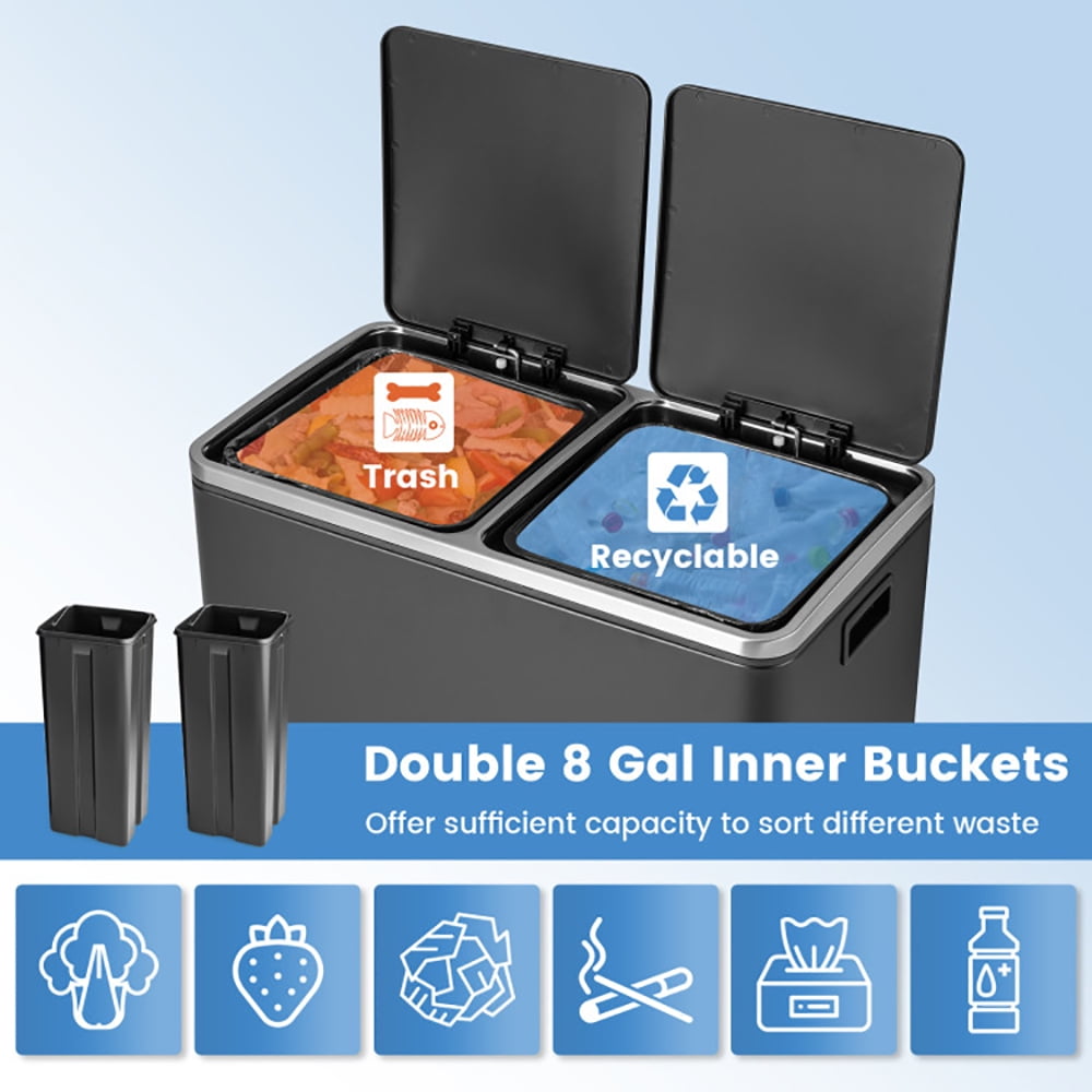 Barara King Trash and Recycling Bin, Kitchen Garbage Can Rubbish Bin,16 Gallon Dual Step Trash Can-Black