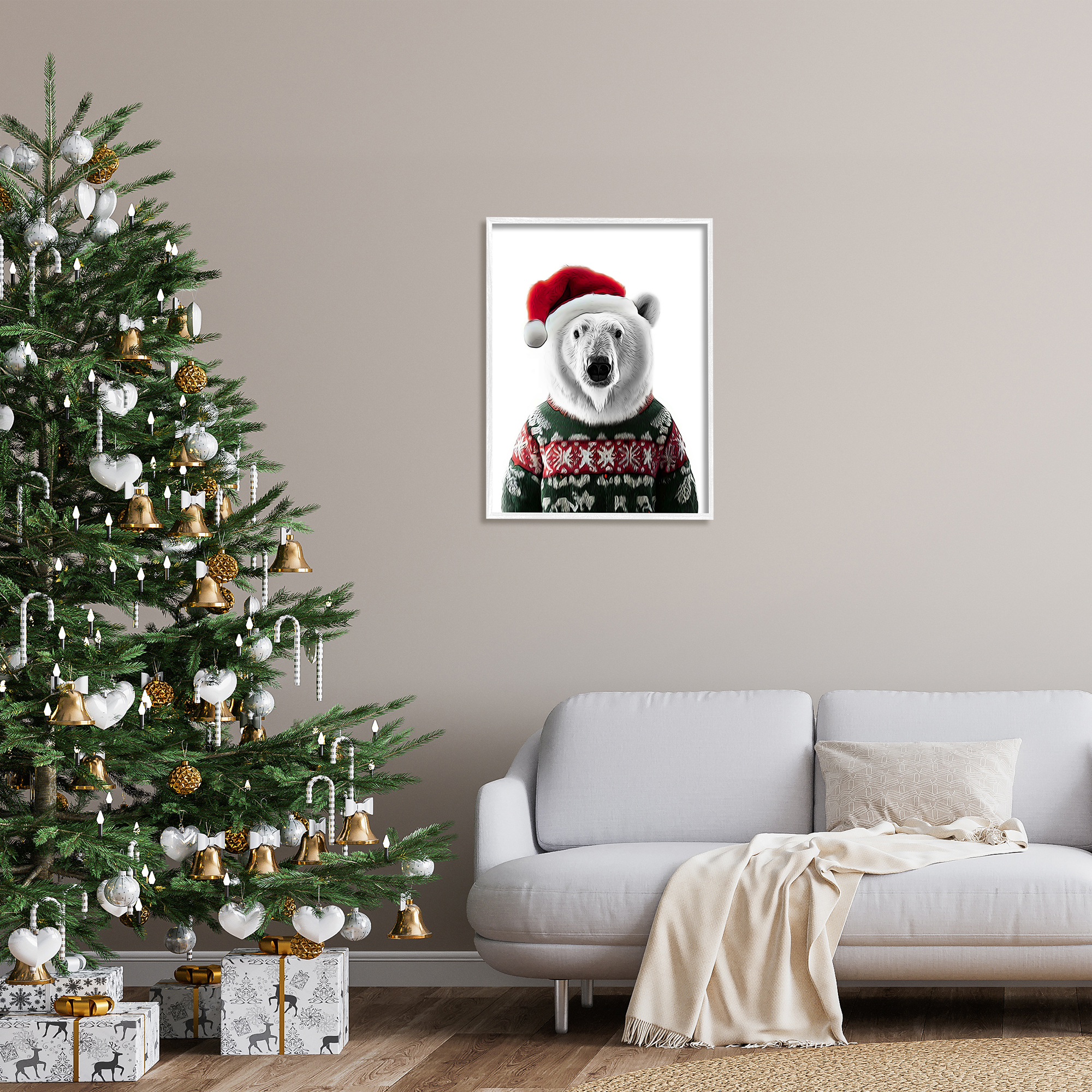 Stupell Industries Bear in Holiday Sweater Holiday Painting White Framed Art Print Wall Art, 24 x 30