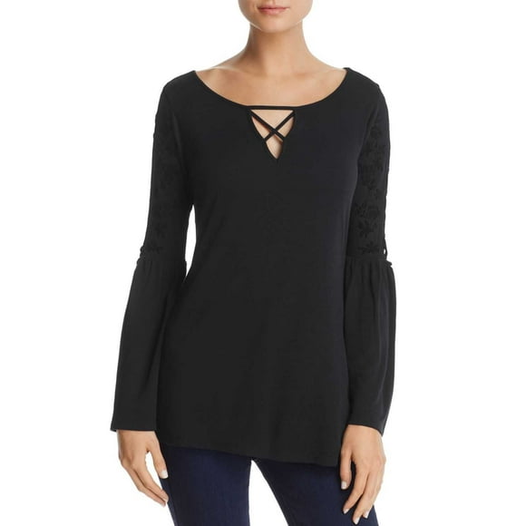 Love Scarlett Women’s Lace-Up Bell Sleeve Blouse Pullover Shirt Tops, Black, Medium