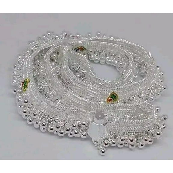 Heavy Silver-Plated Traditional Payal Anklet with Colorful Stone Flowers & Ghungroo Bells – Pair for Women