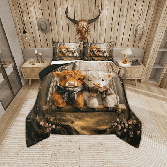 Erosebridal Cute Little Highland Cow Bedding Sets Twin with Comforter, Rustic Swing Pink Floral Duvet Insert, Farmhouse Decor, Reversible 2 Pieces