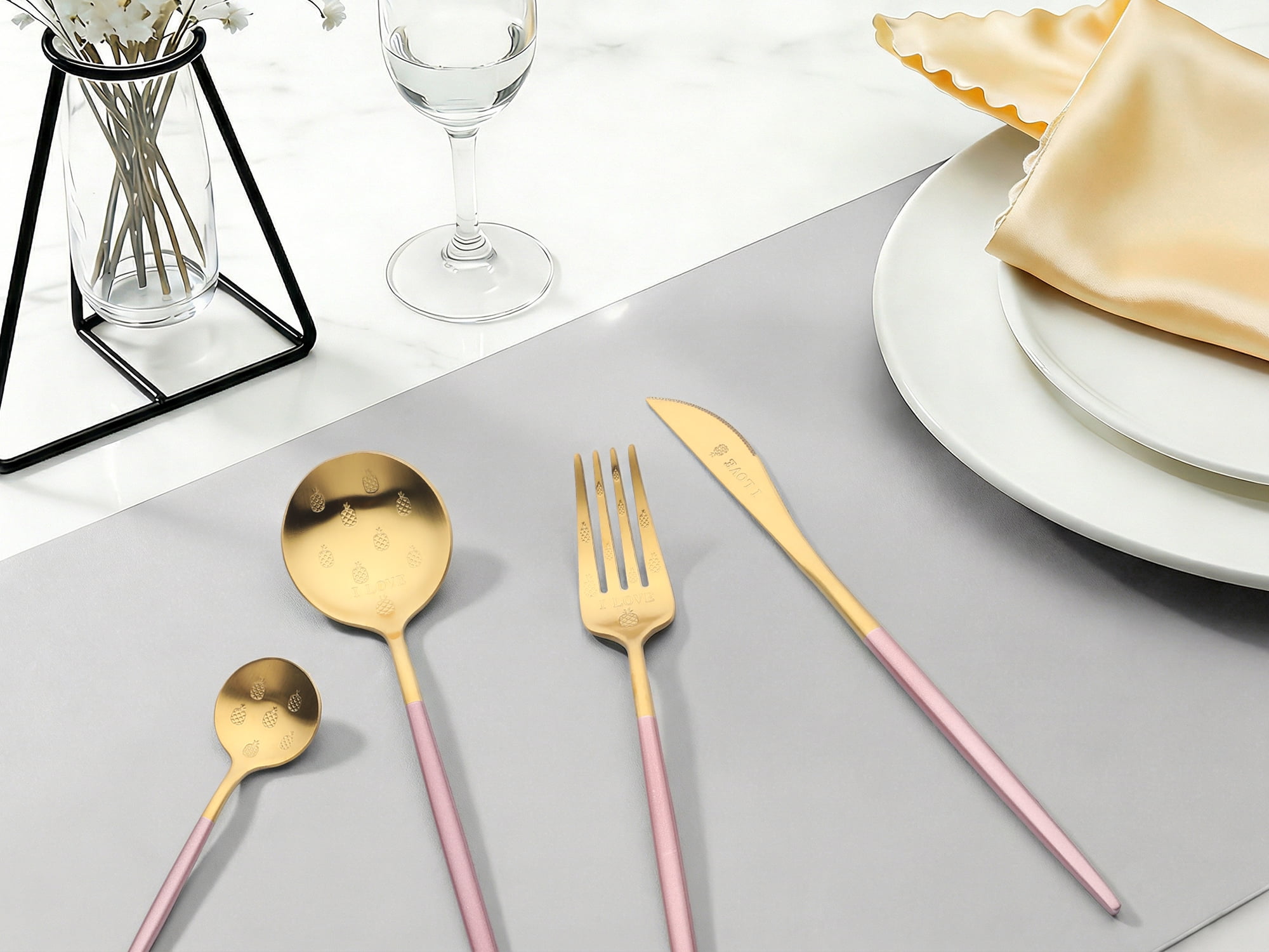 Unique Bargains 4 Piece Silverware Set, Stainless Steel Floral Flatware Set Pink 4
