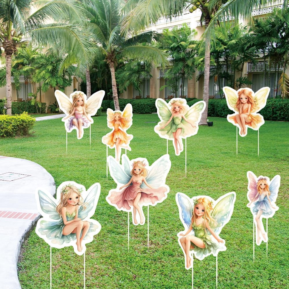 8PCS Fairy Yard Signs Plastic Garden Stakes Baby Shower Party Decoration Lawn Signs Butterfly Fairy Yard Stakes Outdoor Spring Fairy Decorations