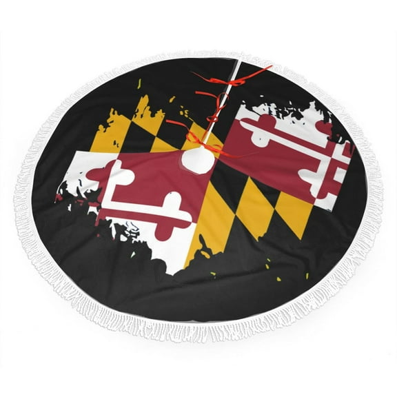 Xmas Tree Skirt Maryland Flag Heart Tassel Edge Rustic Christmas Tree Skirts for Party Holiday Decorations 30"