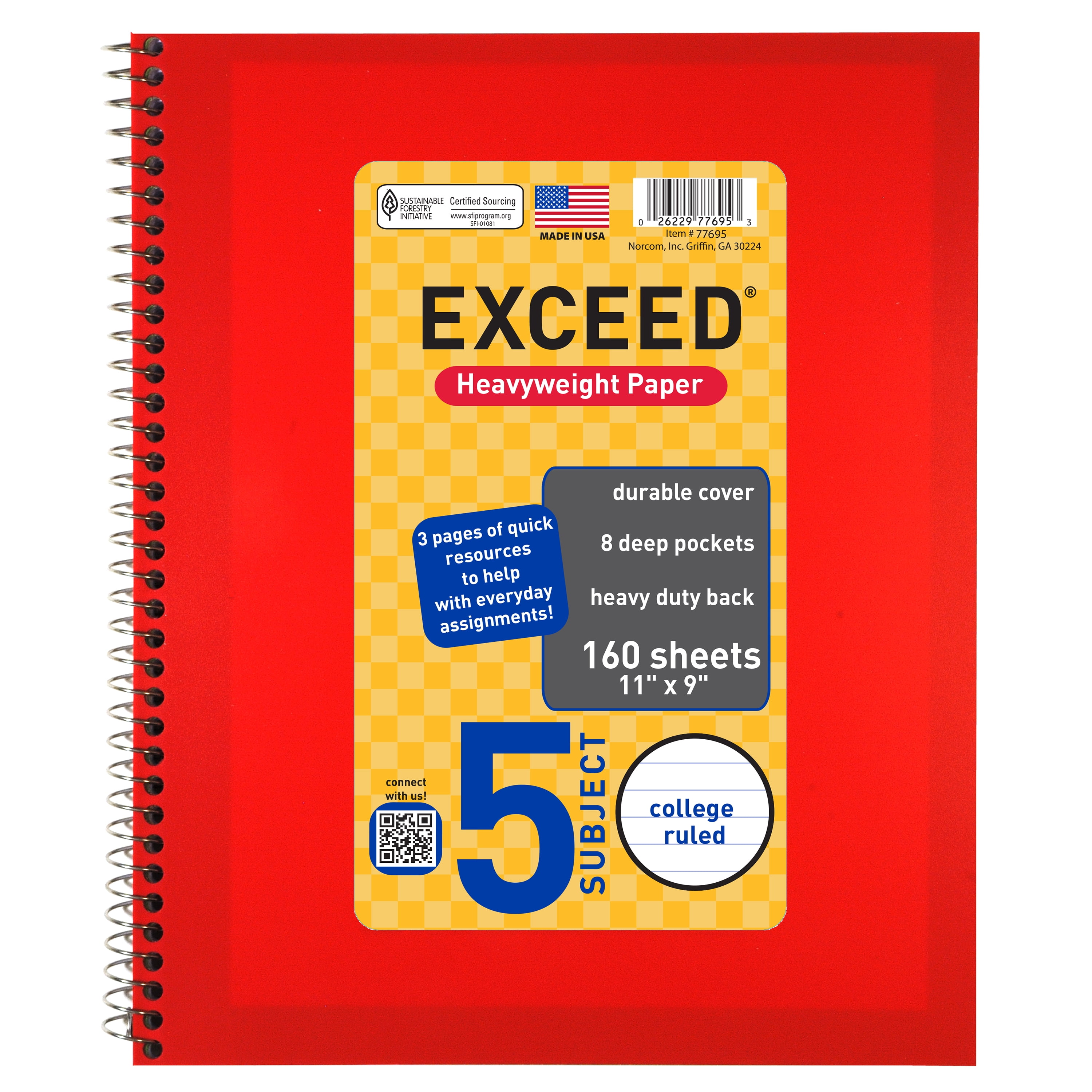 Exceed Spiral Notebook, College Ruled, 5 Subject, 160 Pages, 9" x 11", Color Choice Will Vary, 77695
