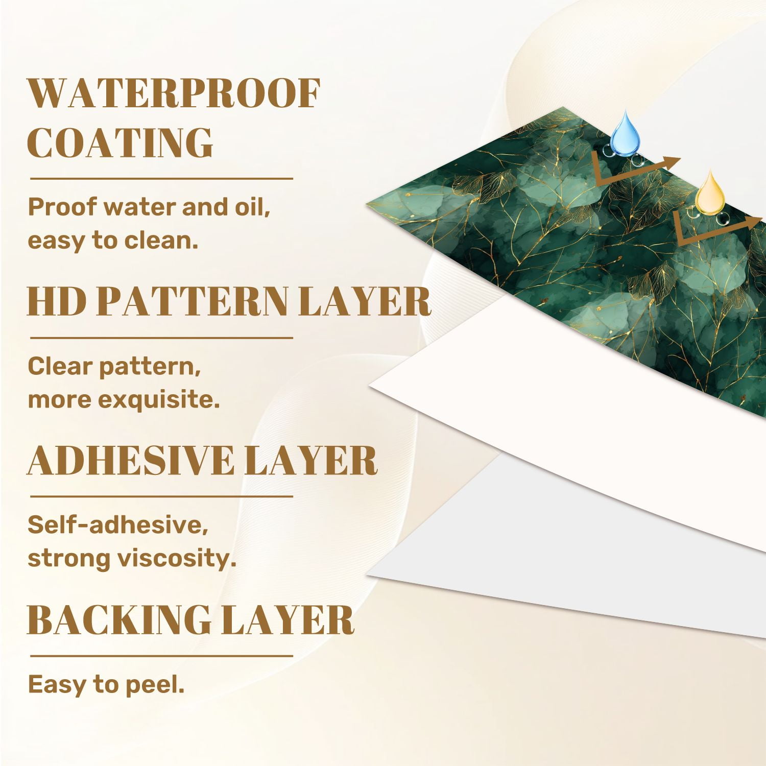 Peel and Stick Wallpaper 17.7in x 9.8ft Abstract Green Gold Botanical Leaves Watercolor Contact Paper Vinyl Self-Adhesive Removable Wall Paper for Bedroom Kitchen Cabinet Décor Renter Friendly