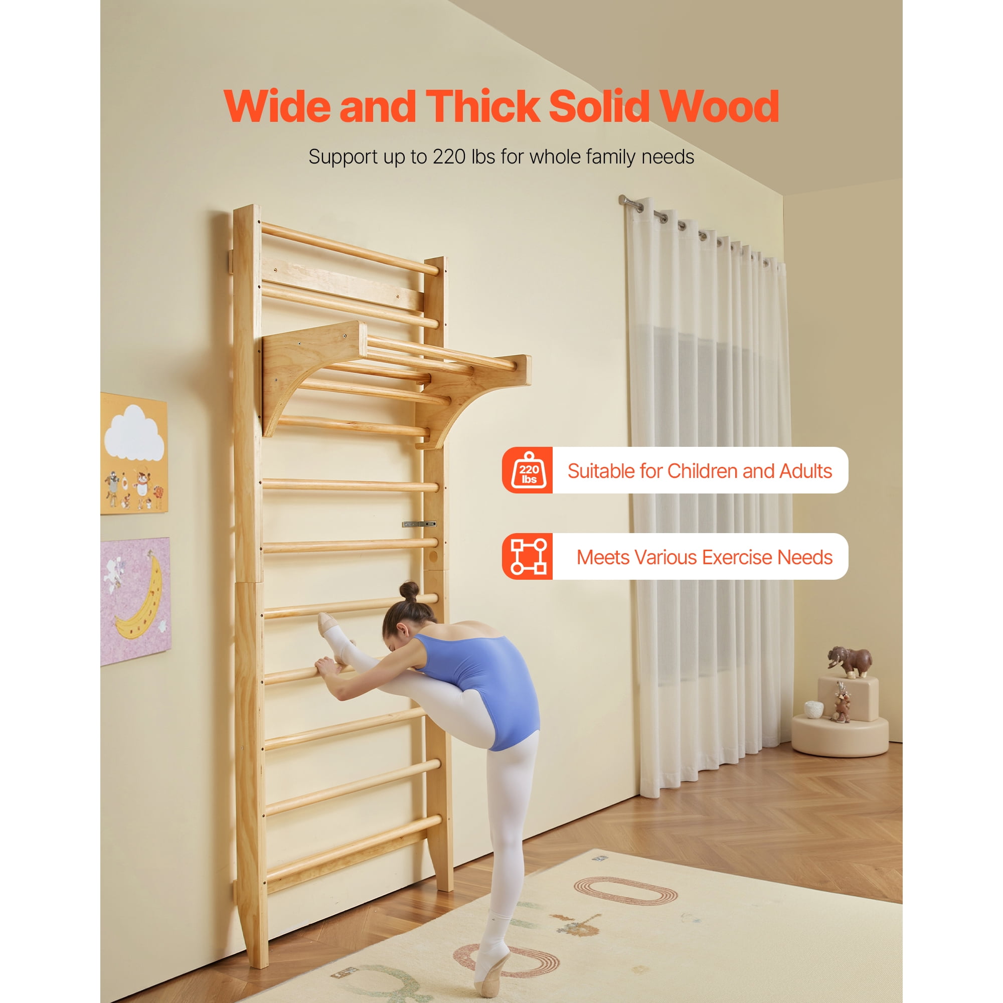 KFFKFF Swedish Ladder Wall Gym Gymnastic Stall Bars with Pull‑Up Bar for Ages Kids 3+ and Adults 1 x Swedish Ladder Wall Gym, 1 x User Manual
