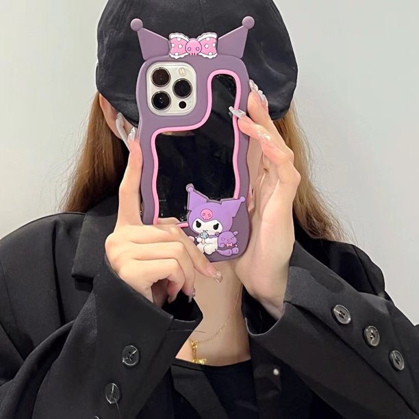 Bonita funda de teléfono con pajarita 3D Sanrio Kuromi con espejo de tocador para IPhone 11, 12, 13, 14 Pro Max, 14 Pro Girl, funda trasera suave anticaída Fivean unisex