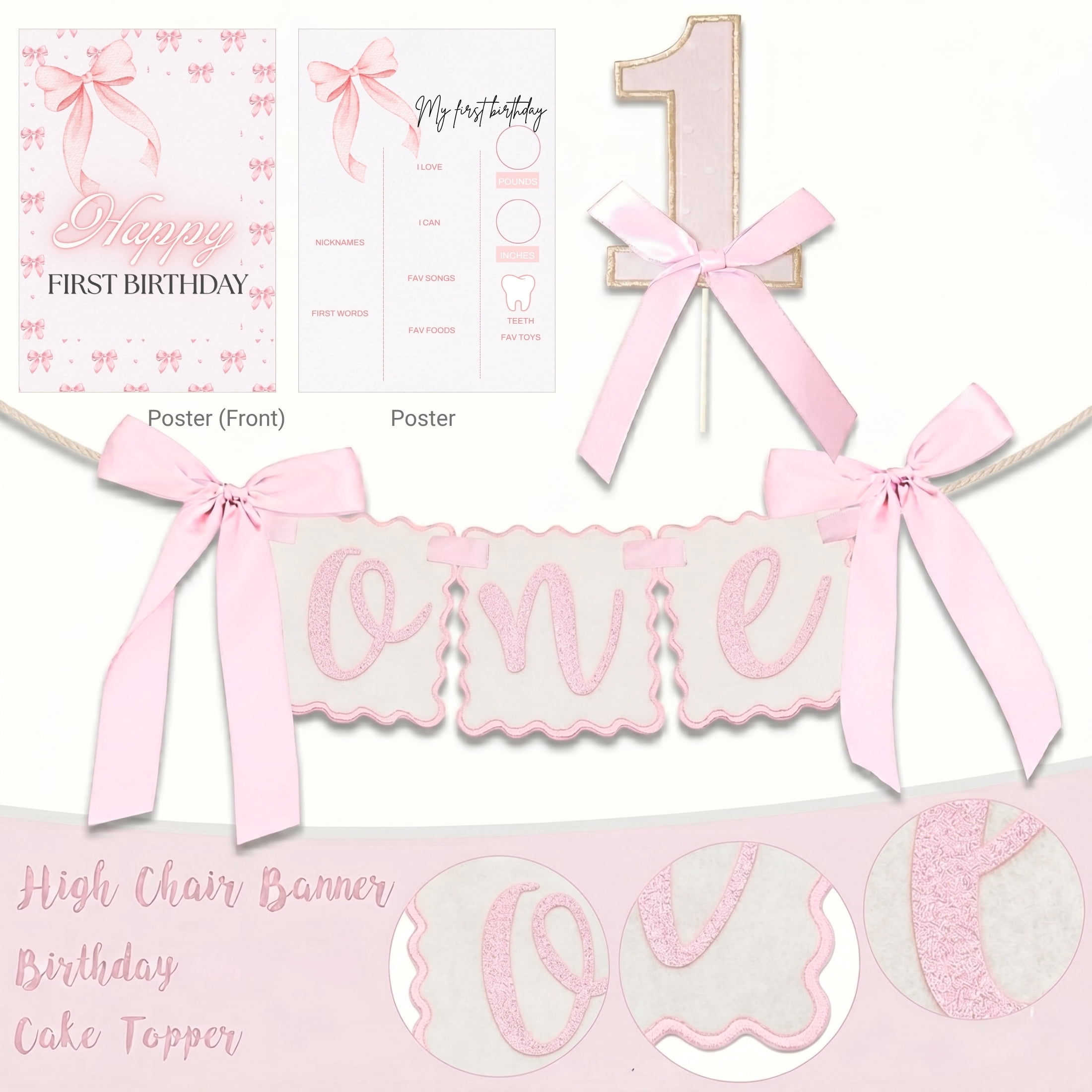 EMPIRE PARTY Supply Pink Bow 1st Birthday Decorations for Girl, Pink White Balloon Arch Kit, Backdrop, High Chair Banner, 166 Pieces