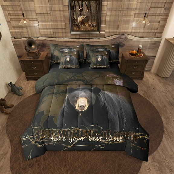 7-Piece Rustic Bear Comforter Set Twin Size,Wildlife Bear Hunting Theme Bed Set,Animal Comforter   Flat Sheet   Fitted Sheet   2 Pillowcases   2 Throw Pillow Covers