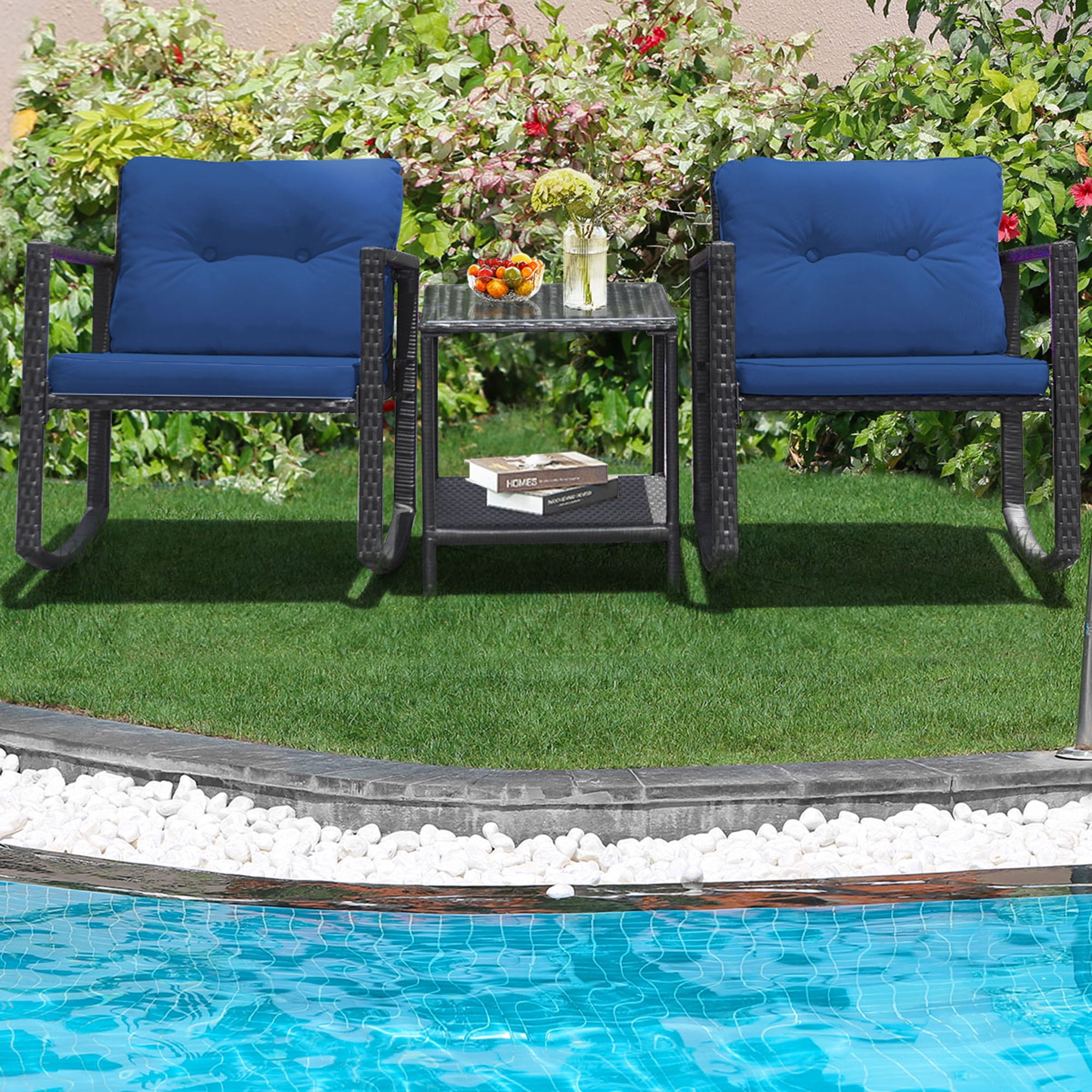 Gymax 3PCS Rattan Rocking Chair Table Set Patio Furniture Set w/ Navy Cushions