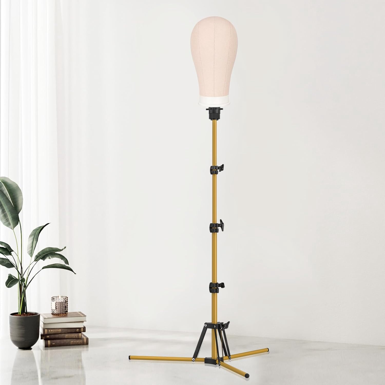 MetalM - Reinforced Mannequin Head Stand, Wig Stand Tripod, Adjustable Floor Holder, Manikin Stand for Cosmetology Hairdressing Training (Golden Metal)