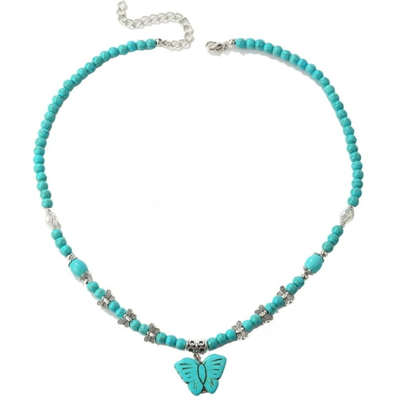 Turquoise Necklace, Boho Long Beaded Necklace with Vintage Ethnic Bohemian Turquoise Pendant - Statement Western Jewelry Gifts for Women