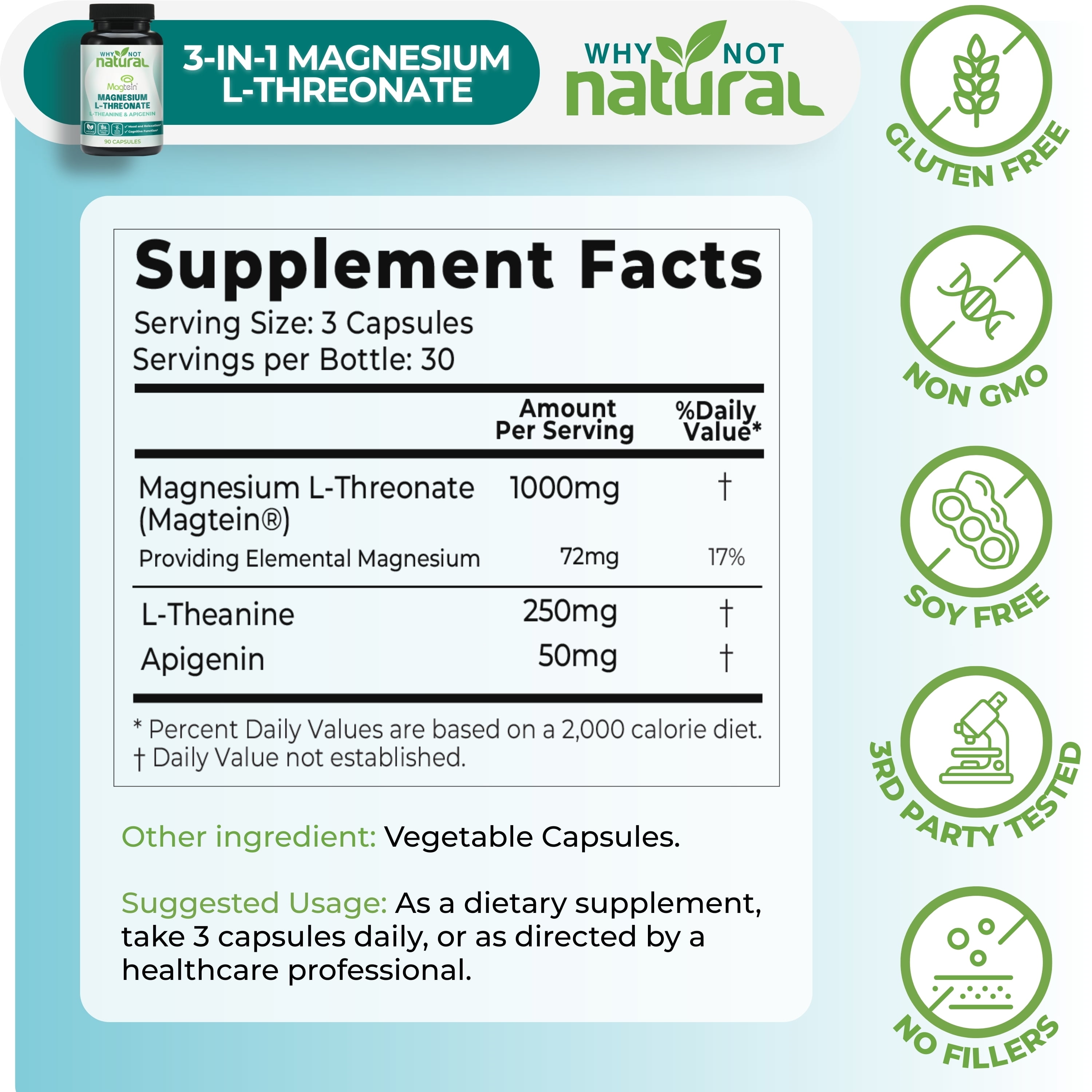 Why Not Natural Magnesium L-Threonate Complex | 90 Vegan, Non-GMO, Gluten-Free Caps