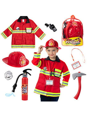 Born Toys 8 Pc Premium Washable Kids Fireman Costume Toy For Kids,Boys,Girls,Toddlers, And Children With Complete Firefighter Accessories