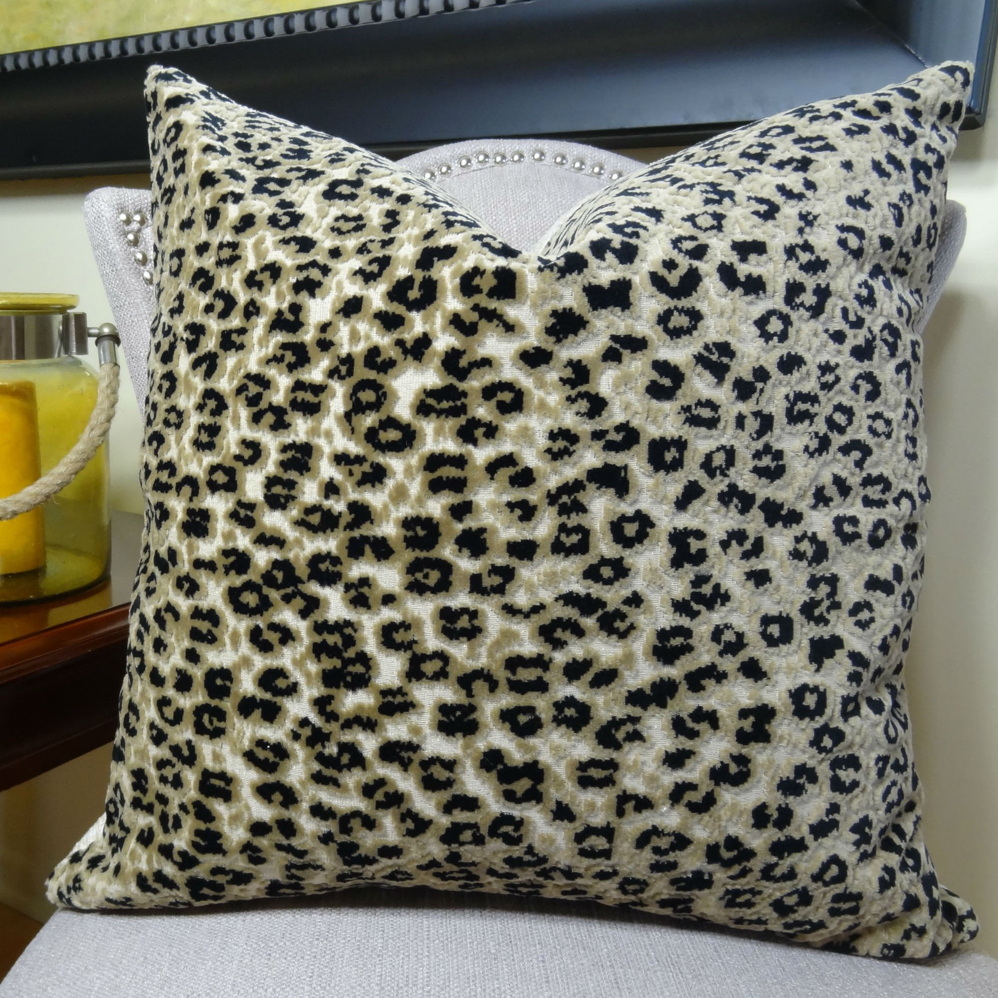 Thomas Collection Taupe Black Luxury Velvet Cheetah Throw Pillow