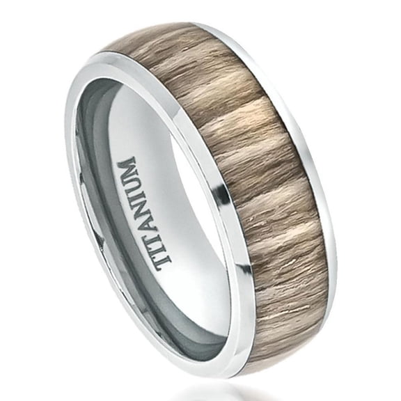8mm Titanium High Polished Domed with Ashen Zebra Rosewood Inlay Wedding Band Ring For Men Or Ladies