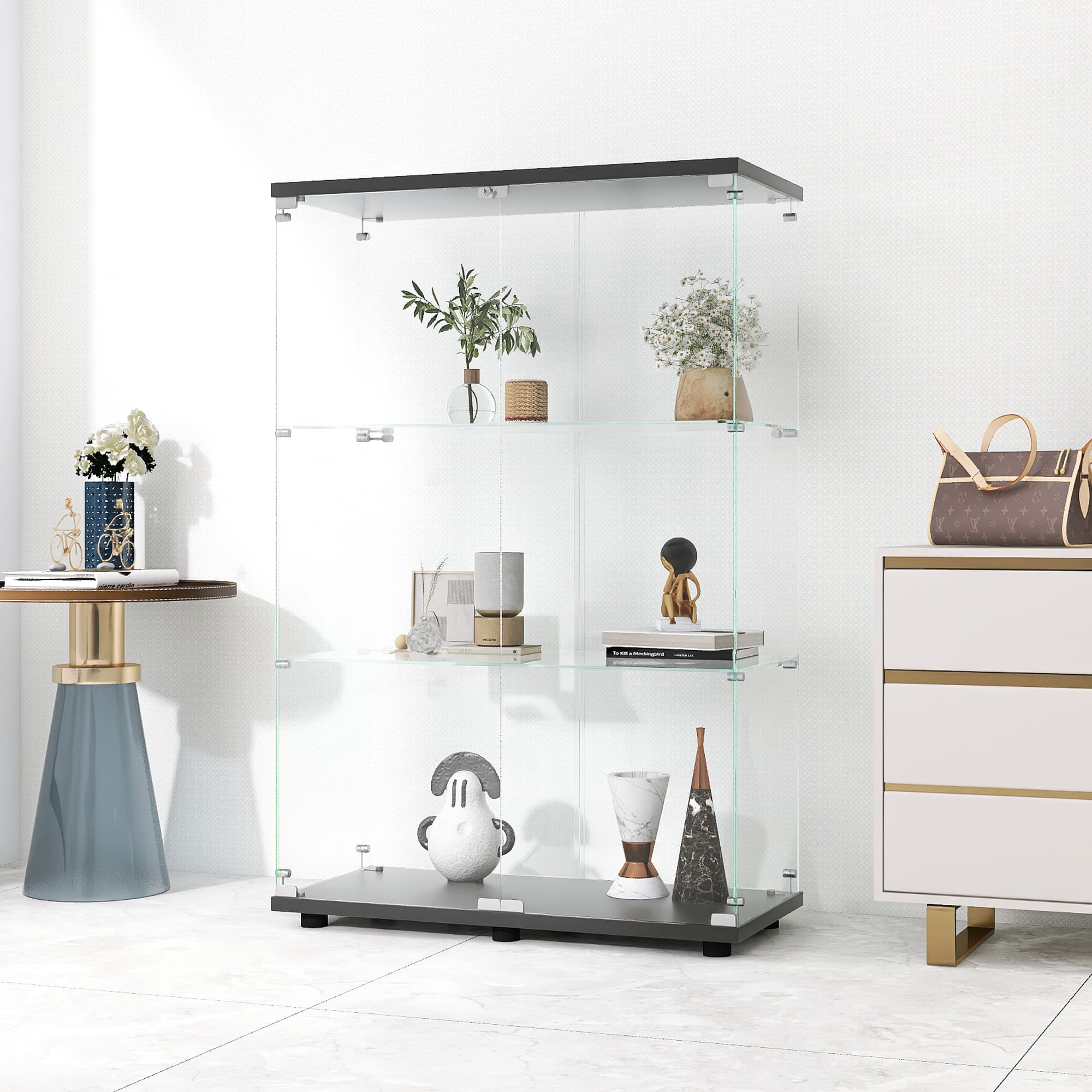 MAYEERTY Glass Display Cabinet 3 Shelves with Two-Door, Floor Standing Glass Bookshelf, 49.3"×31.7"×14.3",Black