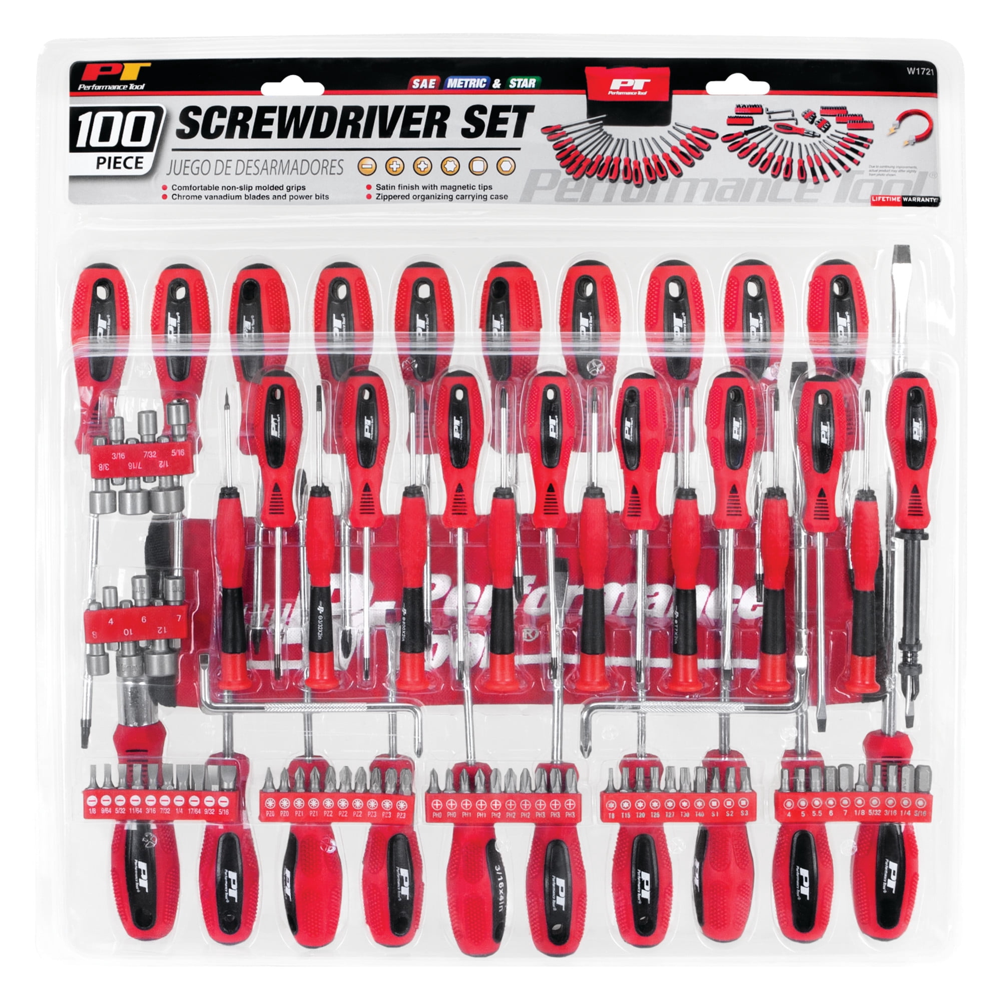 Performance Tool W1721 Screwdriver Set with Pouch, 100-Piece