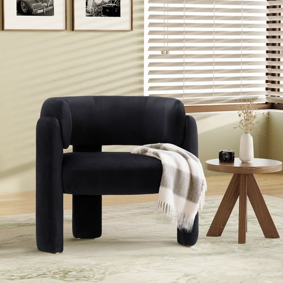 MALOL Modern Velvet Accent Chair, Upholstered Barrel Side Chair, Comfy Round Upholstered Arm Chair with 3 Legs for Living Room, Bedroom, Reading, Black