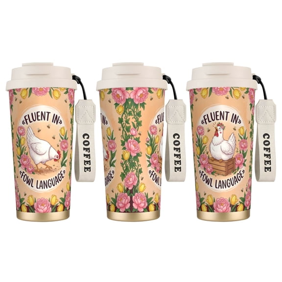 1pc Chicken Coffee Mug 18oz Funny Rooster & Hen Art, Leak-proof Stainless Steel Travel Tumbler