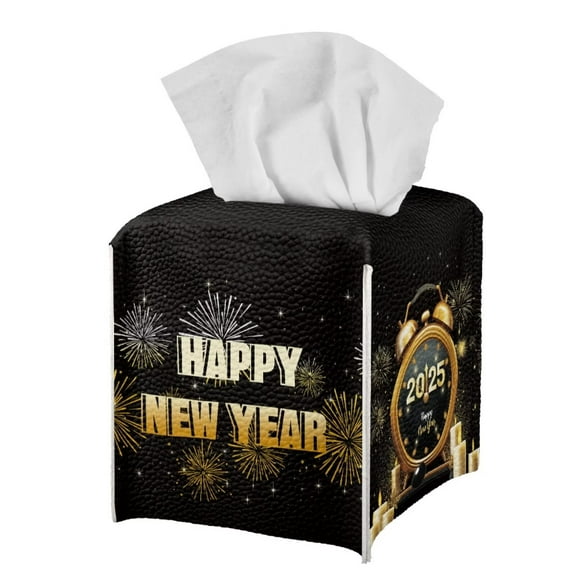 FUIALDOLG Waterproof Tissue Box Holder, Square PU Leather Tissue Box Cover, Happy New Year Decorative Facial Paper Organizer Dispenser for Bathroom, Night Stands, Desk, 5.1X5.1X5.5''