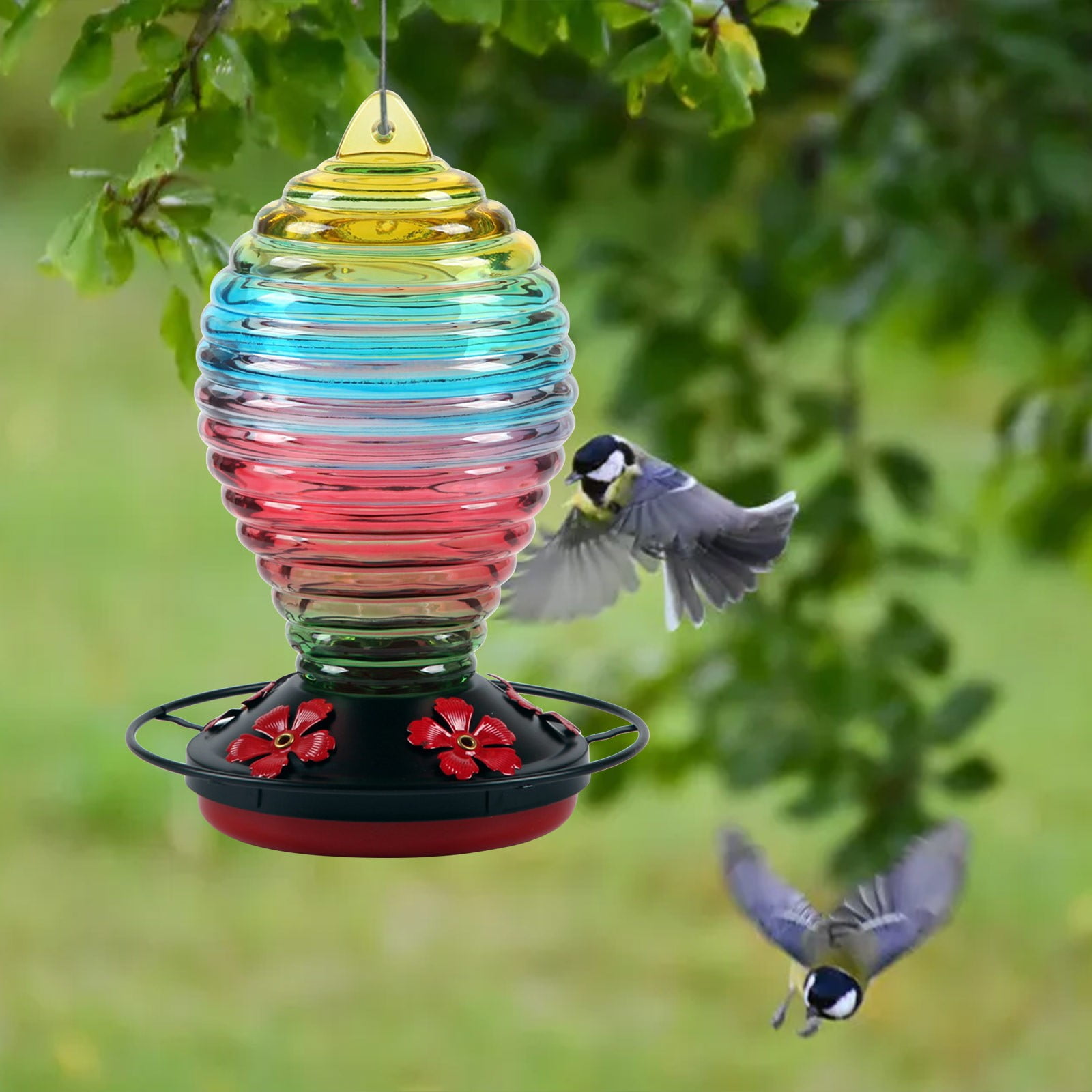 Large Capacity Painted Glass Hanging Hummingbird Feeder, Flower Bird Shaped Nectar Feeder, Outdoor Hanging Glass Bird Feeder, Decorative Leak-Proof Feeding Station for Yard Garden Patio Courtyard