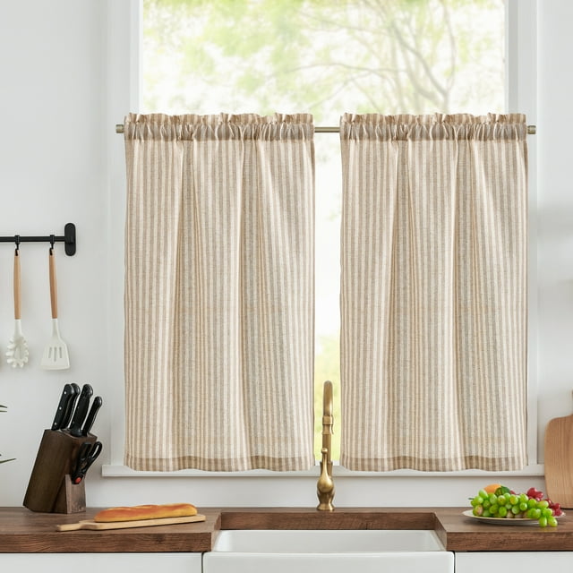 Curtainking Rayé Cuisine Rideau Lin Café Rideaux Semi-Transparent Rustique Ferme Niveau Rideaux 36 Pouces Tige Poche 2 Panneaux Taupe