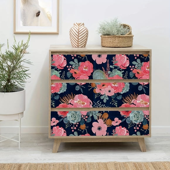 1PC, Thickened, Vintage, Dark Blue, Watercolor, Flowers, Green Plants, Removable, Waterproof, Peel And Stick, Wallpaper 39.4inchX17.7inch、118nchX17.7inch Refurbishment Wallpaper, 39.4inchX17.7inch、118