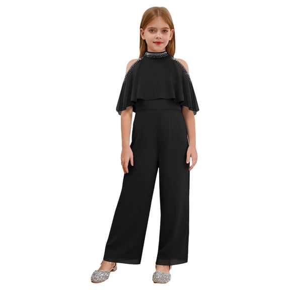 Hansber Kids Girls Chiffon Cold Shoulder Jumpsuit One Piece Wide Leg Pants Romper for Wedding Pageant Party Black 12
