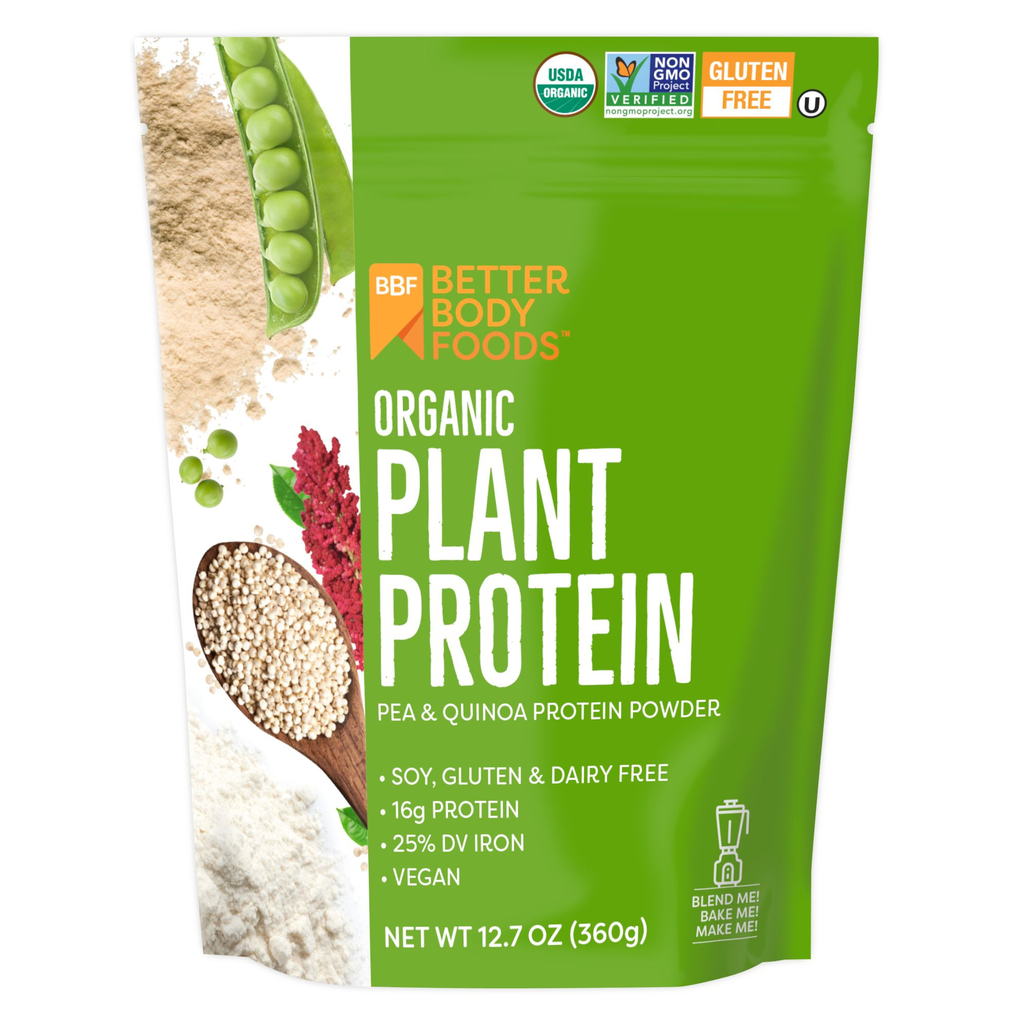 BetterBody Foods Organic Plant Based Protein Powder, 16g of Protein 24% DV, Vegan, 12.7 oz