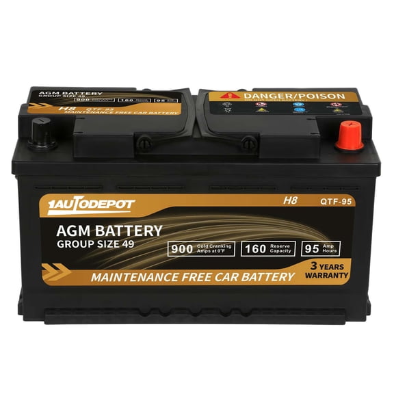 1AUTODEPOT Platinum AGM Group 49 Battery, 12 Volt Rechargeable Automotive Batteries for Car, H8 900CCA 95Ah 160RC