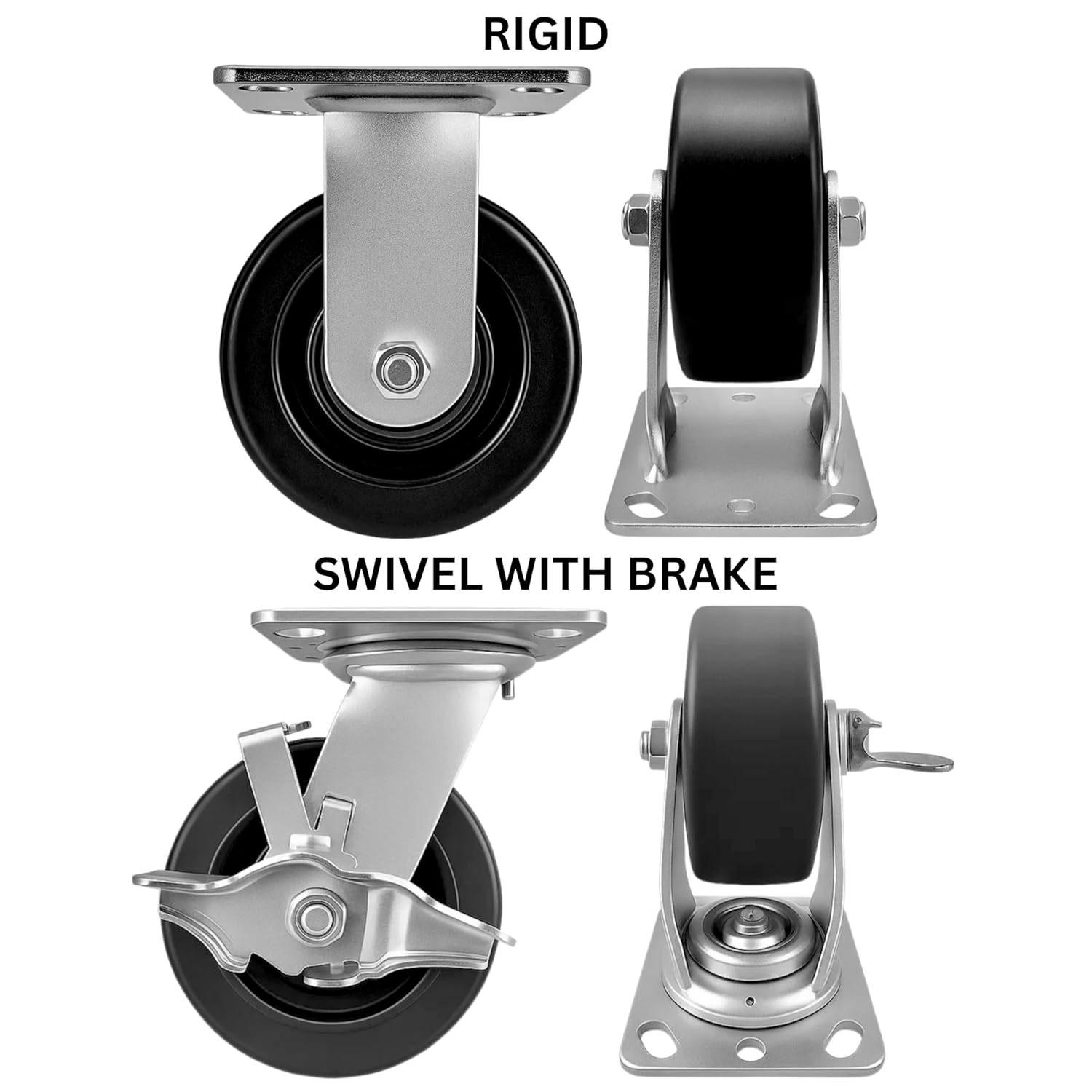 4 Heavy Duty Caster Set 5" Plastic Wheels - 2 Rigid + 2 Swivel with Brake
