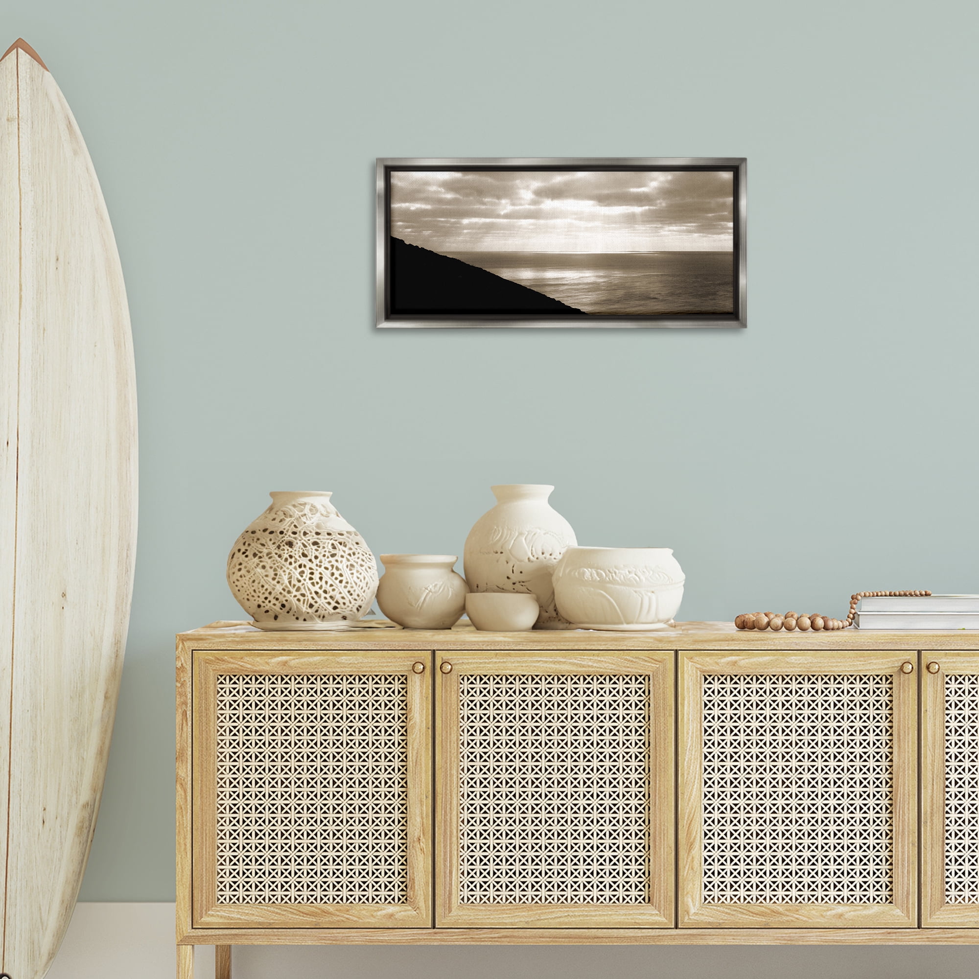 Stupell Industries Sepia Rays on Beach Landscape & Nature Photography Gray Floater Framed Canvas Art Print Wall Art, 31 x 14