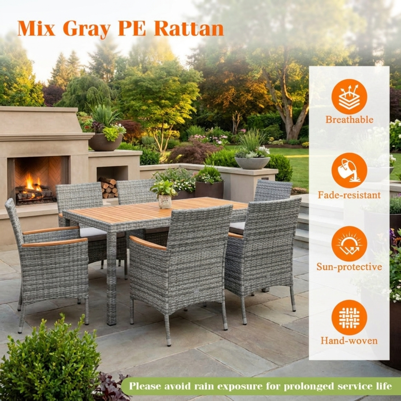 Furnibear 9 Piece Patio Wicker Dining Set Outdoor Conversation Set with Cushioned Chairs and Large Table for Deck Garden, Gray and Off White