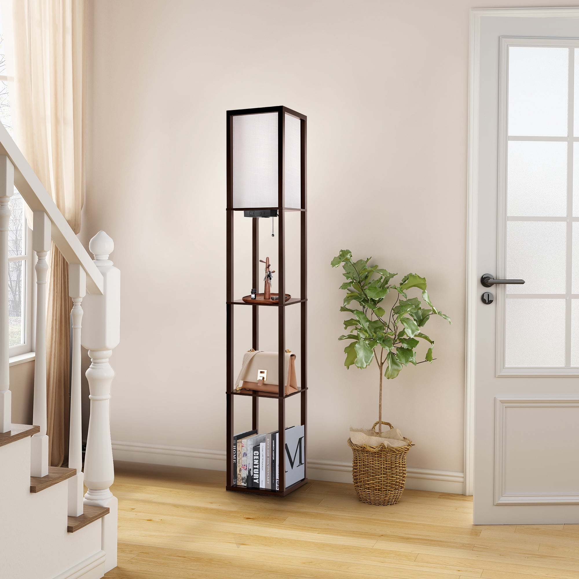 OUTON Floor Lamp with Shelves and Charging,  63.7''  Dimmable Standing Tall Wood Shelf Lamp with Remote for Living Room, Bedroom, Brown