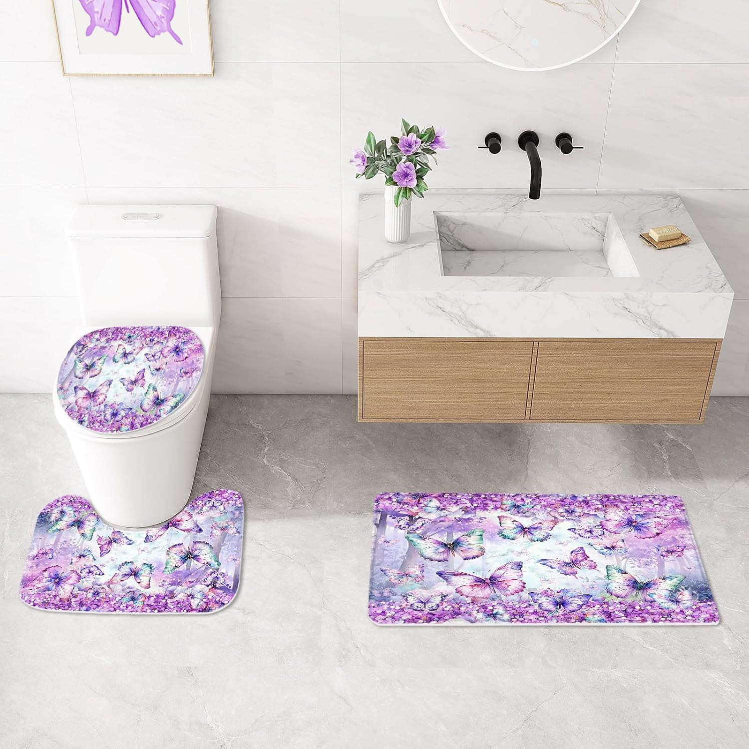 4 Pcs Blue Floral Butterfly Shower Curtain Set with Non-Slip Rugs, Modern Toilet Lid Cover and Bath Mat, Sparkling Bathroom Decor Set with Shower Curtain and Rugs