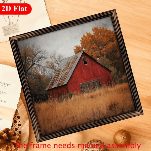 2D Flat, 1Pc Wood Frame Sign Vintage Barn Autumn Landscape Wall Art Paintings Ideal Gift For Living Room Bedroom Farmhouse Corridor Wall Decor Room Decoration Ready to Hang 12x12inch