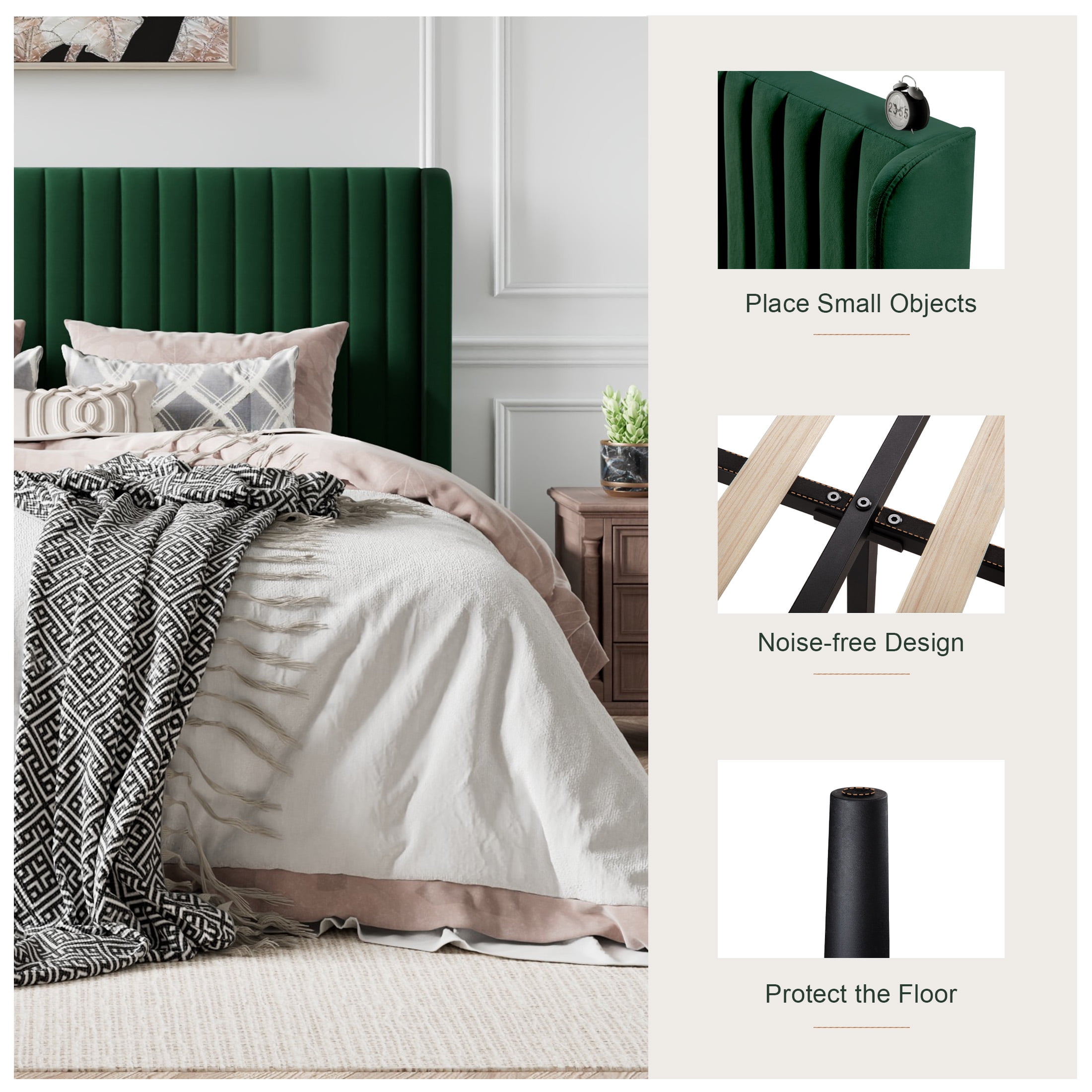 Amolife King Size Bed Frame with Wingback Headboard, Velvet Vertical Stripe Upholstery, Green  (图5)