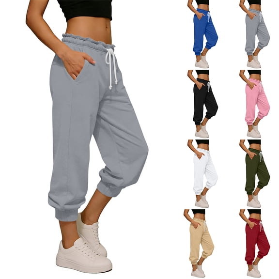 Womens Cropped Jogger Pants High Waisted Drawstring Sport Baggy Lounge Capris with Pockets, L