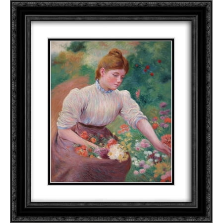 Federico Zandomeneghi 2x Matted 20x24 Black Ornate Framed Art Print 'Girl picking flowers'