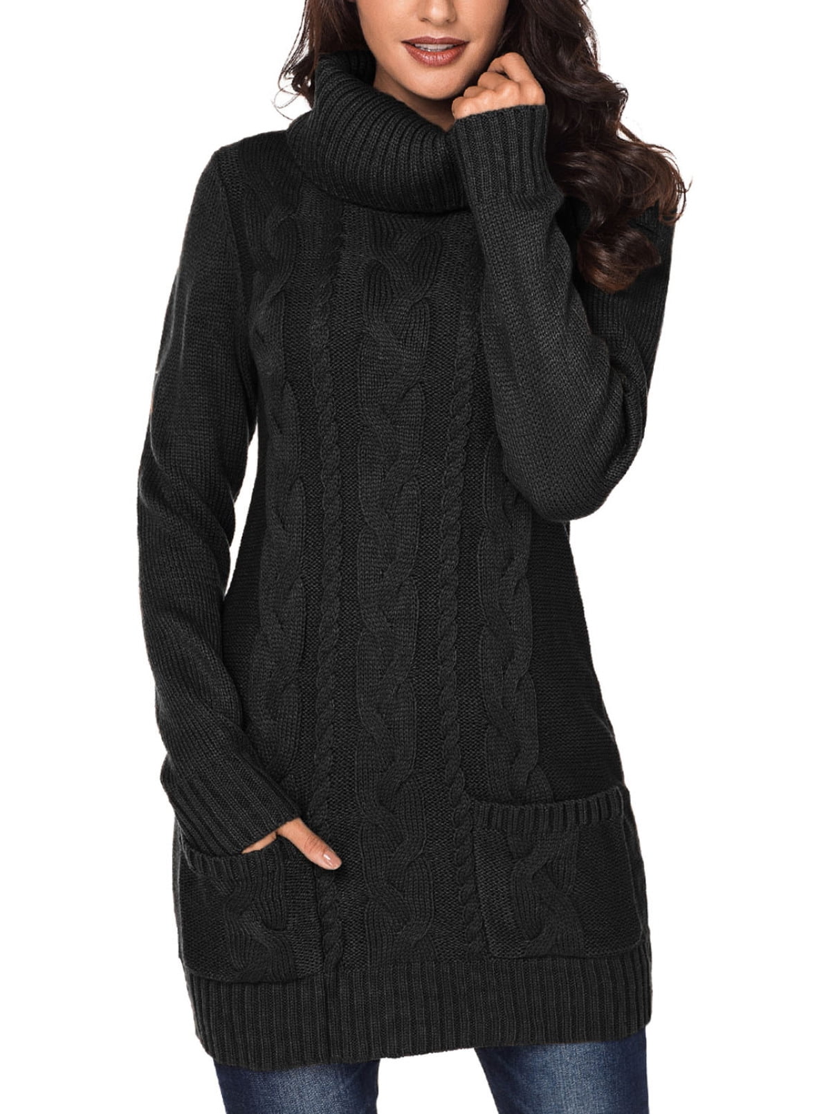 Women Ladies Cable Knitted Cowl Neck Belted Long Sleeve Jumper Dress Sweater Top 