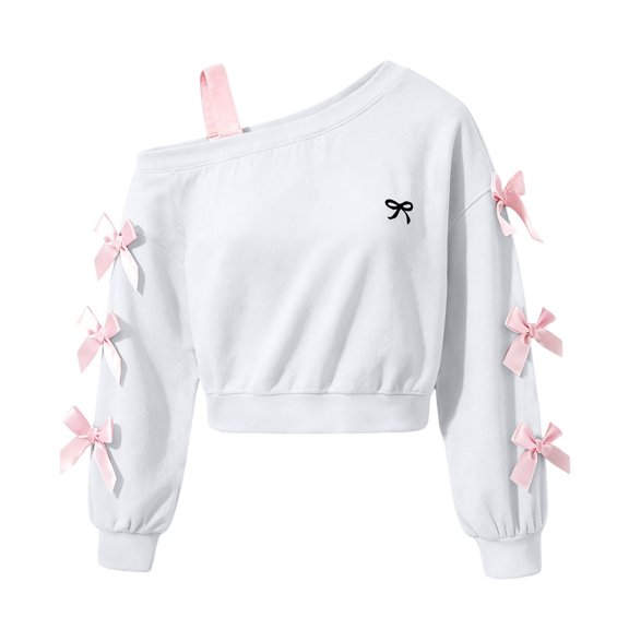 BLVB Girls off the Shoulder Sweatshirt Cute Long Sleeve Crop Pullover Tops Bowknot Fall Fashion Clothes for Teen Girls(White,14-15 Years)