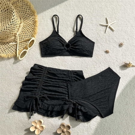 CUZIBR Baby Toddler Spring Summer Swimsuits Spaghetti Strap V-Neck Beach Solid Color 3 Piece Bikini Set With Ruffled Tie Side High Waist Cover Up Skirts Stylish Swimwear Bathing Suit Black 8-9 Years