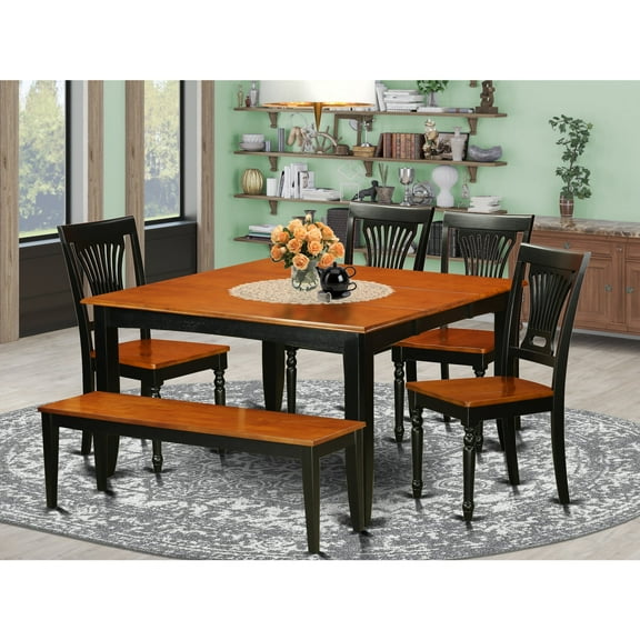 East West Furniture  Dining Set Contains a Square Table with Butterfly Leaf and Kitchen Chairs with a Bench, Black & Cherry