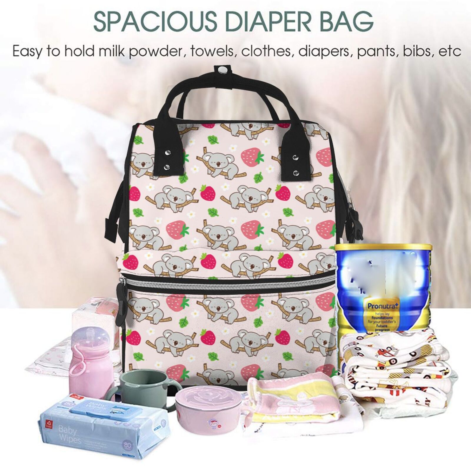 Ratiio Cartoon Koala Bear Mummy Backpack - Waterproof Twill Canvas, Large Capacity Diaper Bag with Multiple Pockets and Adjustable Straps