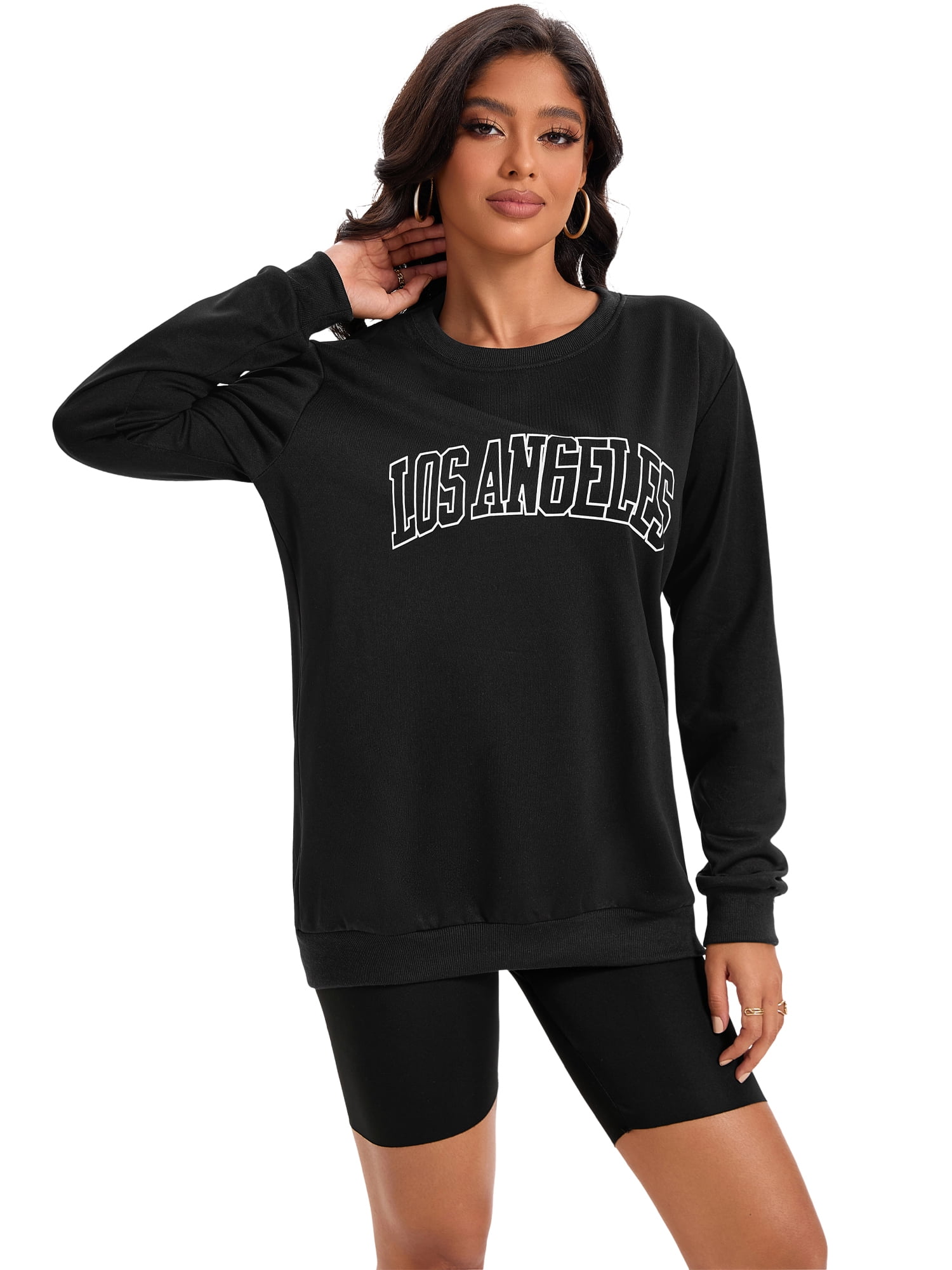 DARING DIVA Women's Sweatshirt Crew Neck Long Sleeve Pullover Shirts L Black Print